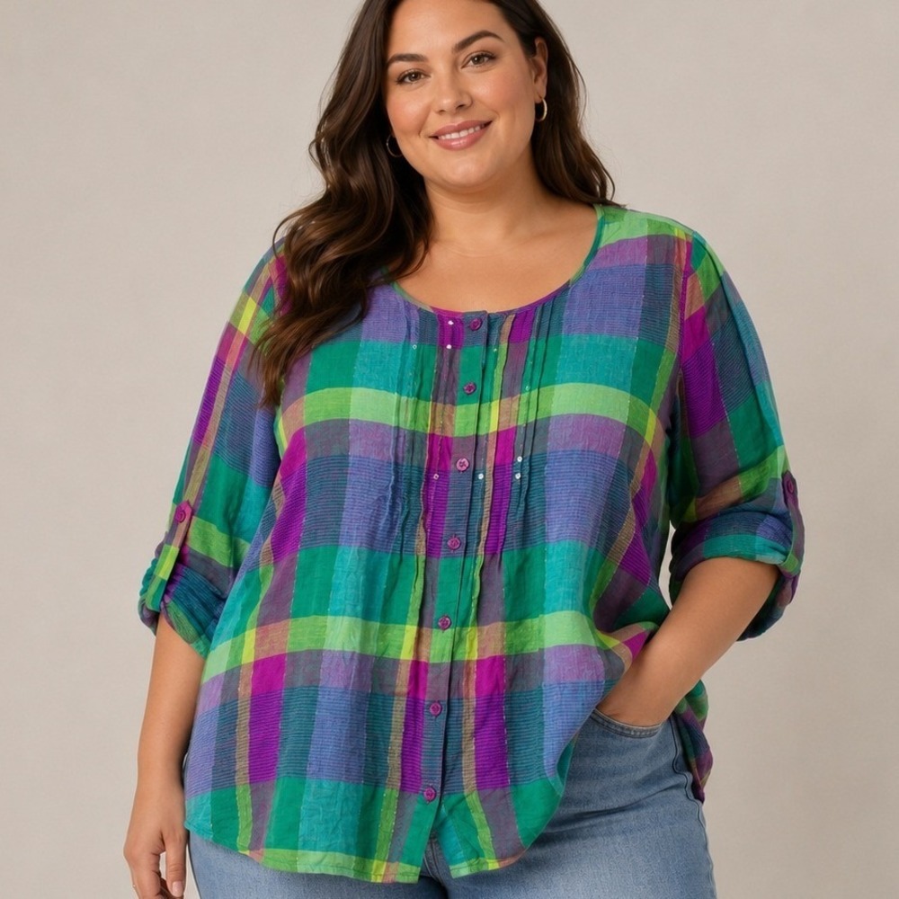 Catherines Plaid Button Up Top Women 2X Sequin Linen Blend Green Purple 22/24W